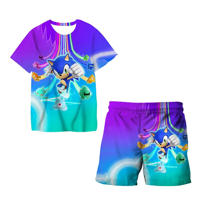 Color: Pink, Size: M - New Japanese Cartoon Sonic T-shirt Children's Top T-shirt Shorts Two-piece Set Summer Boy Cartoon Cute T-shirt+beach Pants