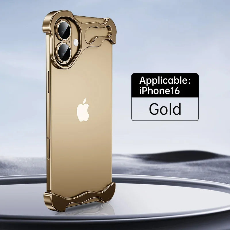 Color: Beige, Material: Pu - Aluminum Metal Rimless Phone Case For Iphone 16 15 14 Plus 13 12 Pro Max Lens Protective Film Hollow Logo Cooling Accessory Case