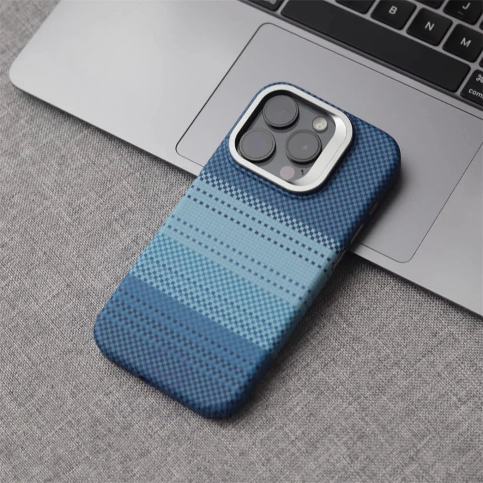 Color: Gold, Material: Polyester - Luxury Magnetic Stand Metal Lens Relief Carbon Fibre Pattern For Magsafe Case For Iphone 15 14 13 Pro Max Shockproof Back Cover