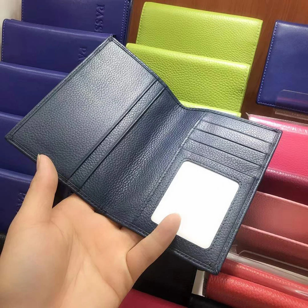 Color: Pink - 100% Cowhide Passport Holder Factory Genuine Leather Engrave Letters Men Women Passport Cover Customized Name Travel Card Wallet