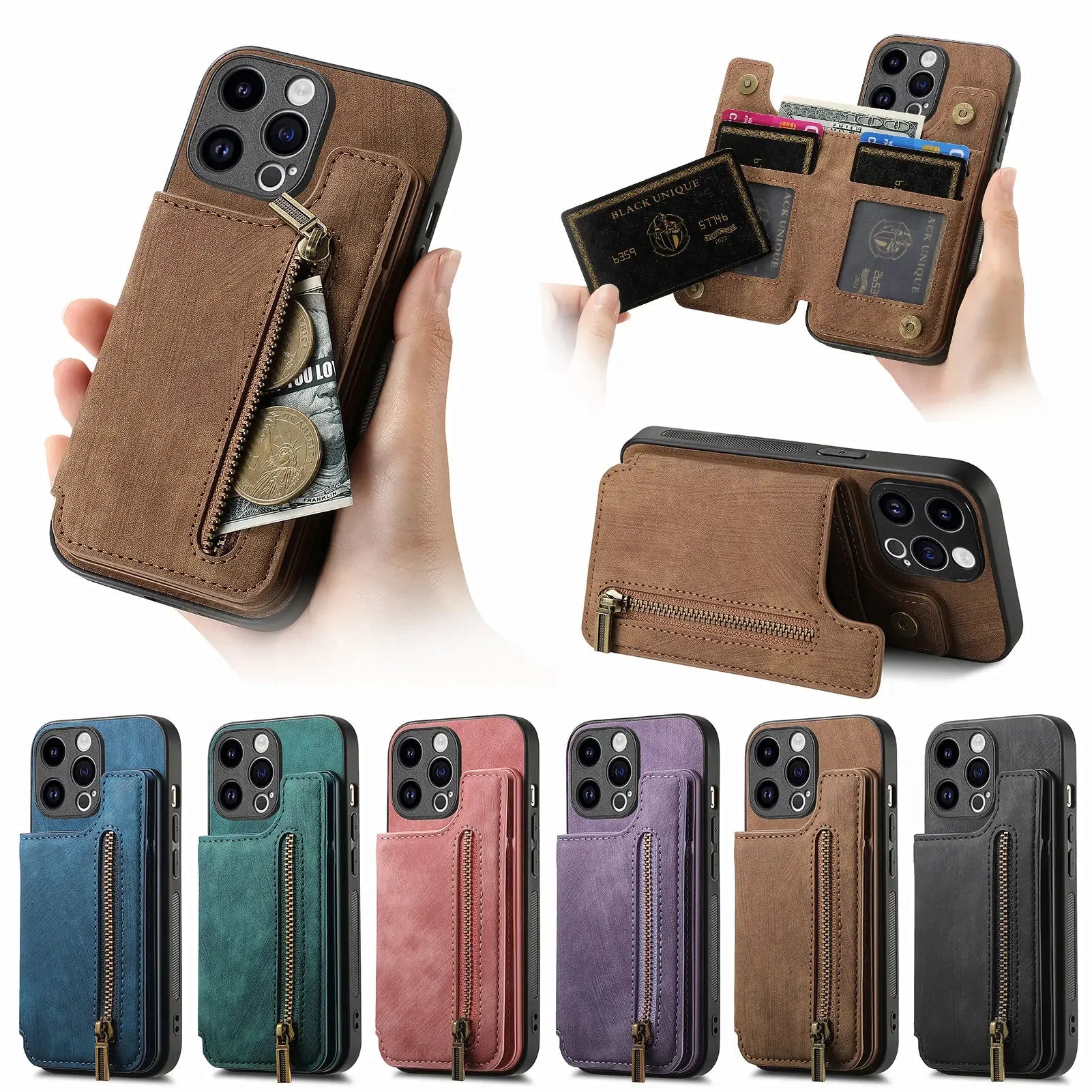 Color: Blue, Material: Pvc - Leather Zipper Wallet With Card Holder Phone Case For Iphone 15 14 11 Pro Max 13 12 Mini X Xr Xs Max 8 7 Plus Shockproof Cover