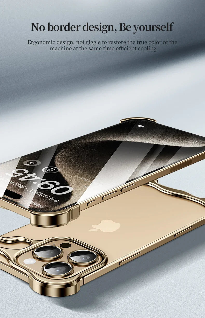 Color: Beige, Material: Pu - Aluminum Metal Rimless Phone Case For Iphone 16 15 14 Plus 13 12 Pro Max Lens Protective Film Hollow Logo Cooling Accessory Case