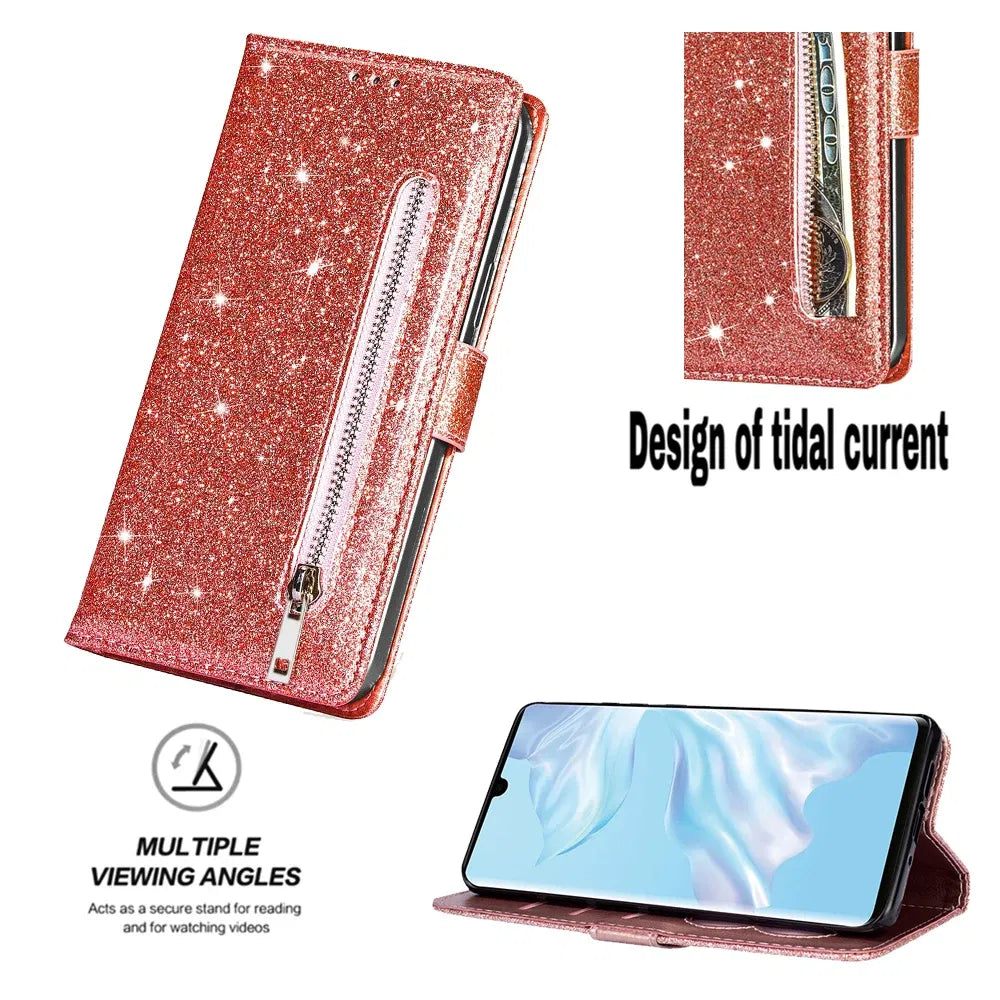 Color: Beige, Material: Cotton Fabric - Zipper Flip Wallet Glitter Leather Case For Iphone 16 15 14 13 12 11 Pro Max Xs Xr 8 7 Plus Se 2022 Mini Bling Stand Phone Cover