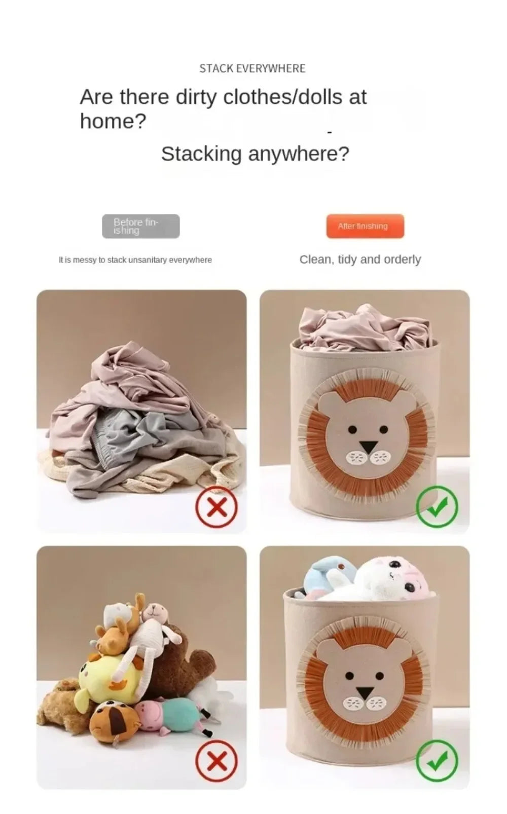 Color: Dark Khaki - Cartoon Storage Basket Washable Dirty Clothes Basket Foldable Children's Toy Clothes Storage Bucket Home Storage Laundry Basket