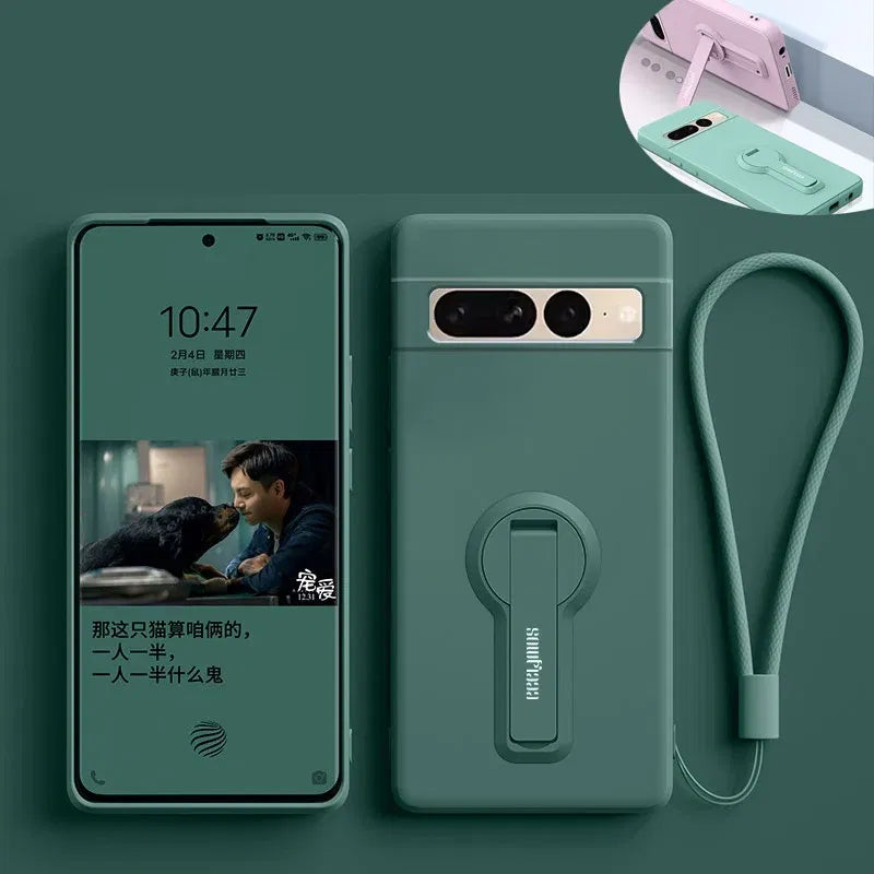 Color: Blue, Material: Aluminum - Phone Case For Google Pixel 7 8 6 5 9 Pro Xl Pixel 7a 6a 5a 8a 9a Soft Cover Silicone Case With Holder Stand Bracket Lanyard