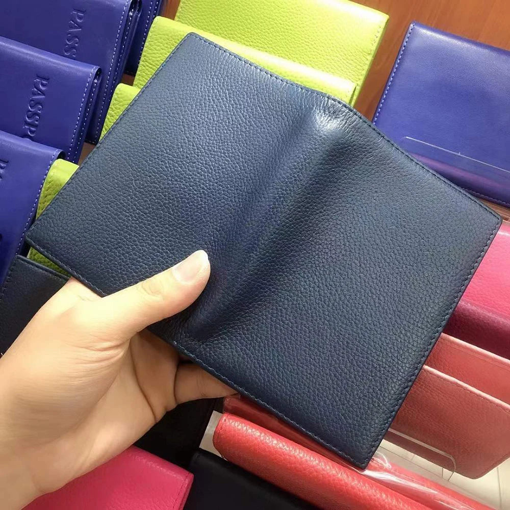 Color: Pink - 100% Cowhide Passport Holder Factory Genuine Leather Engrave Letters Men Women Passport Cover Customized Name Travel Card Wallet