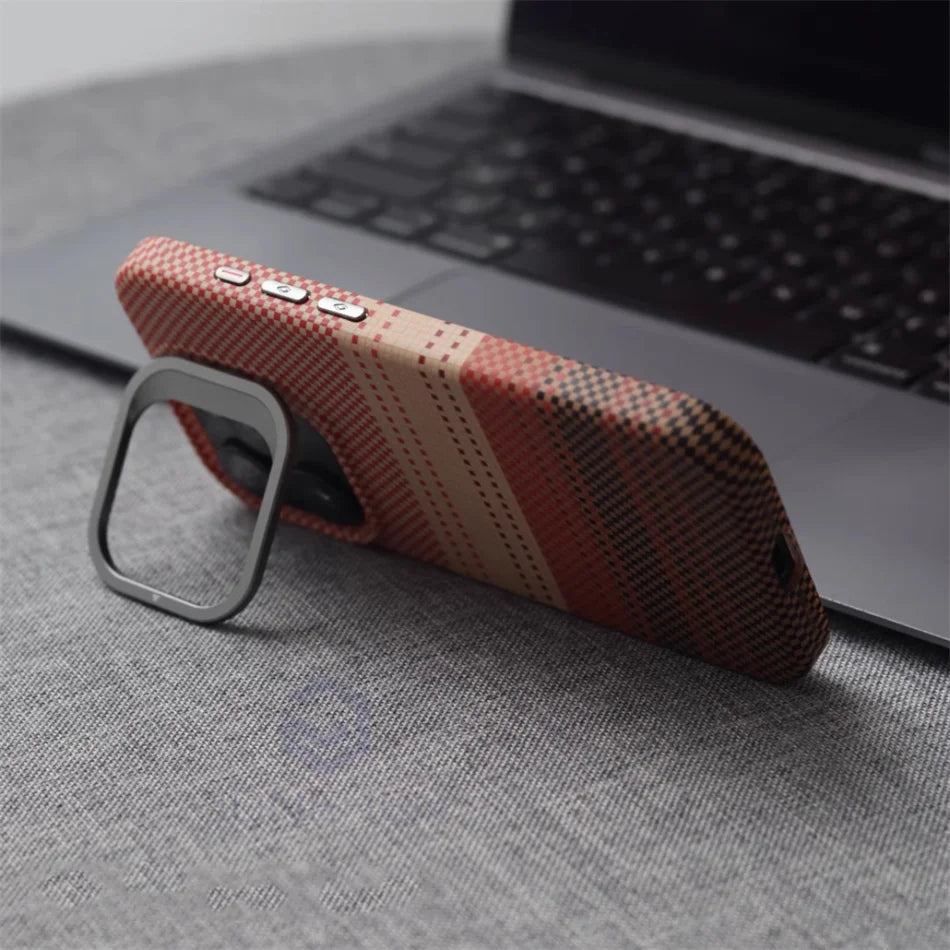 Color: Gold, Material: Polyester - Luxury Magnetic Stand Metal Lens Relief Carbon Fibre Pattern For Magsafe Case For Iphone 15 14 13 Pro Max Shockproof Back Cover