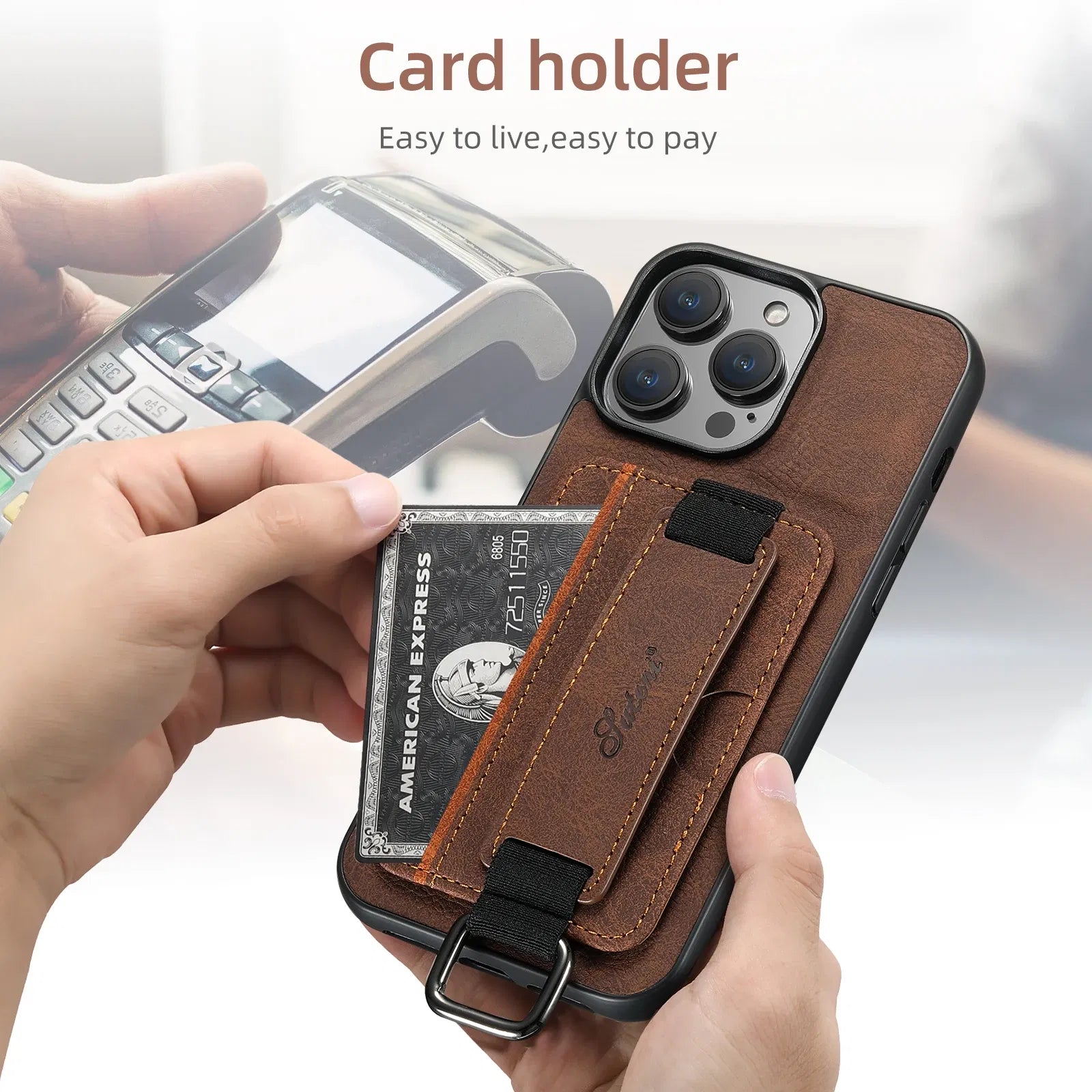 Color: Blue, Material: Carbon Fiber - Suteni Lychee Skin Print Wrist Strap Card Phone Case Card Holder For Iphone 16 Promax 15 Plus 14 13 12 11 Xr Xs Black/blue/brown