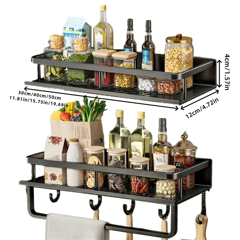 Color: Multi - Multifunctional Kitchen And Bath Tray Wall-mounted Aluminum Storage Rack Seasoning Bottle Storage Shelf Kitchen Storage Hooks