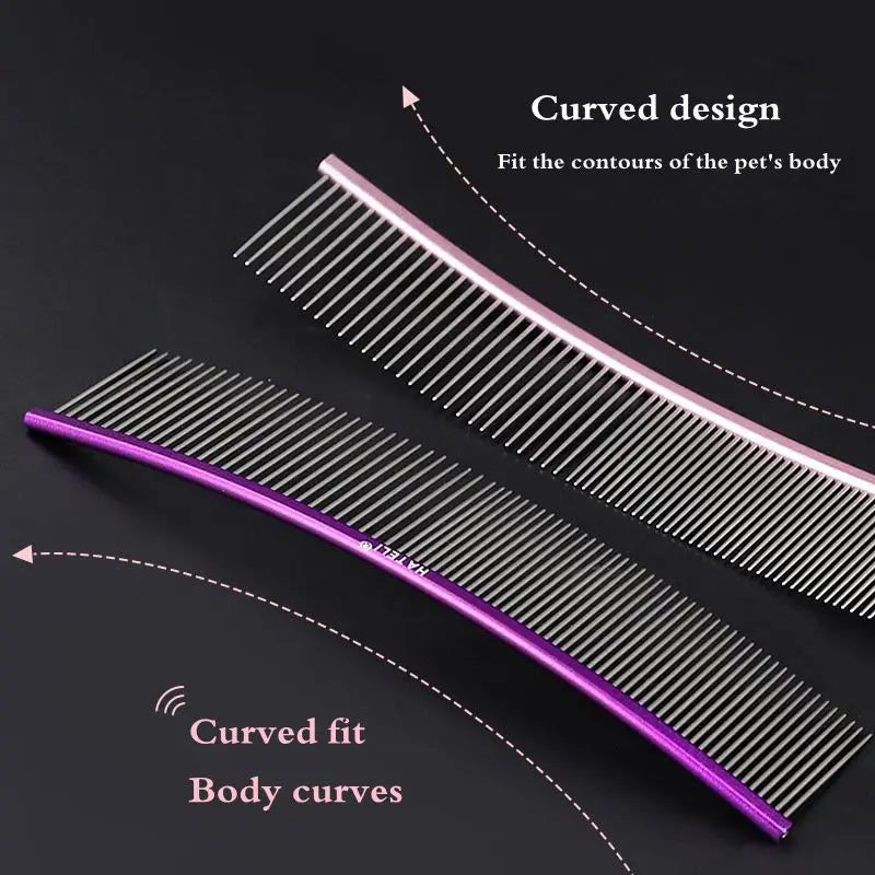 Color: Purple, Size: Xs - Pet Curved Comb Stainless Steel Combs Professional Pet Grooming Comb Dense Sparse Teeth Dog Cat Cleaning Brush Open Knot Comb