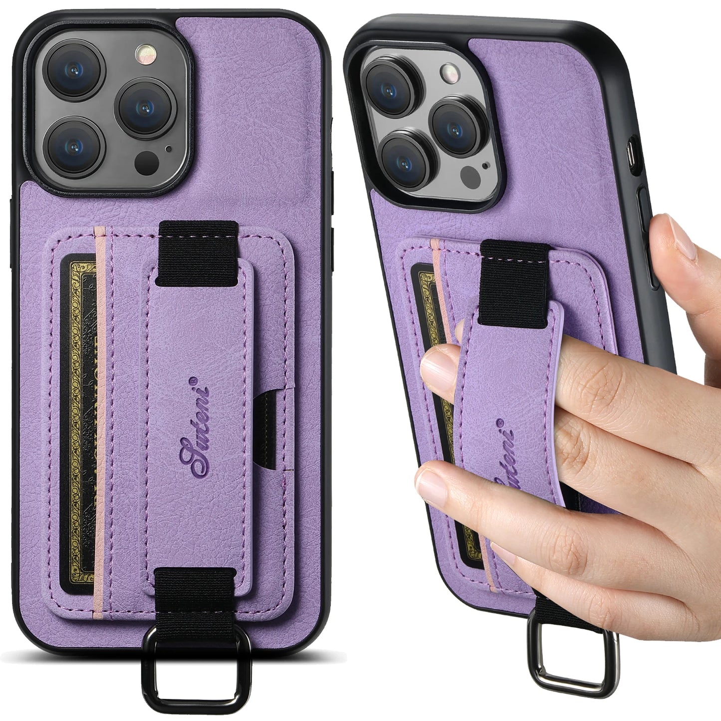 Color: Blue, Material: Carbon Fiber - Suteni Lychee Skin Print Wrist Strap Card Phone Case Card Holder For Iphone 16 Promax 15 Plus 14 13 12 11 Xr Xs Black/blue/brown