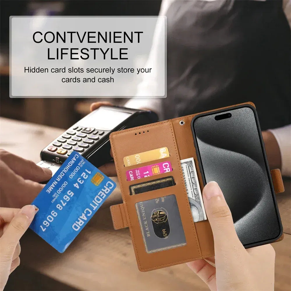 Color: Brown, Material: Canvas - Pu Leather Flip Phone Case For Iphone 16 15 Pro Max 16e 14 13 1211 Xs Max Xr X 8 7 Plus Se Kickstand Cards Solt Wallet Cover