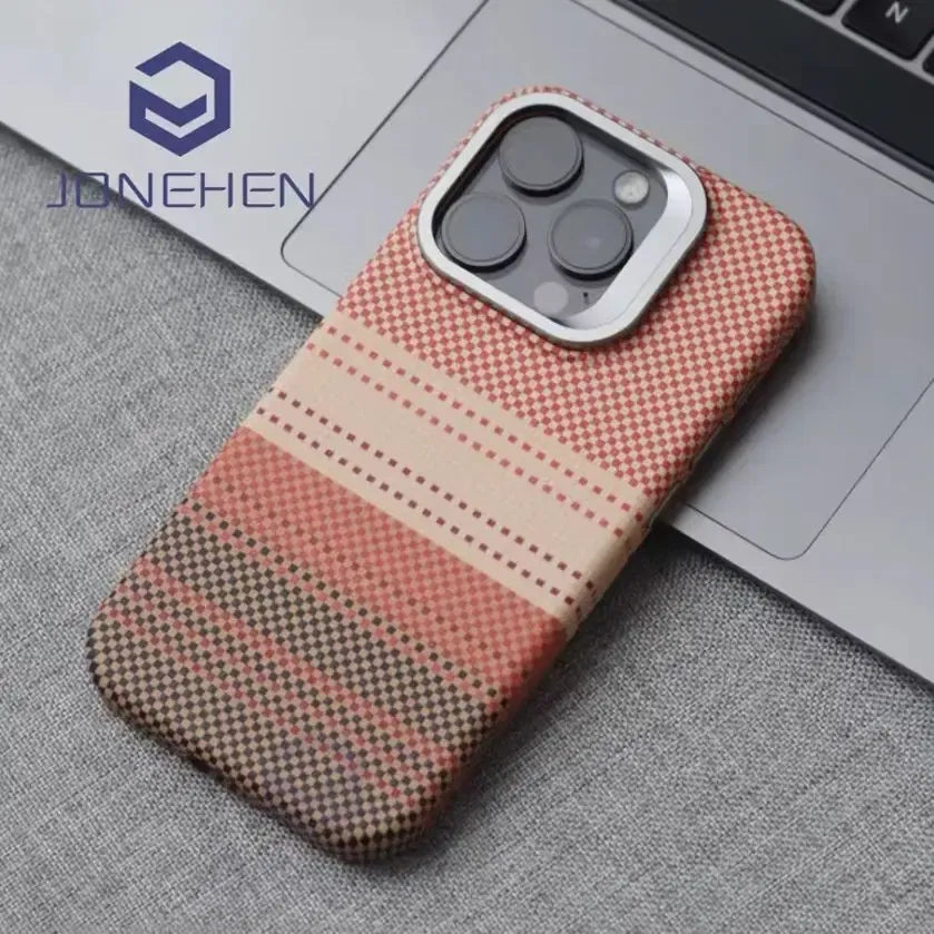 Color: Gold, Material: Polyester - Luxury Magnetic Stand Metal Lens Relief Carbon Fibre Pattern For Magsafe Case For Iphone 15 14 13 Pro Max Shockproof Back Cover