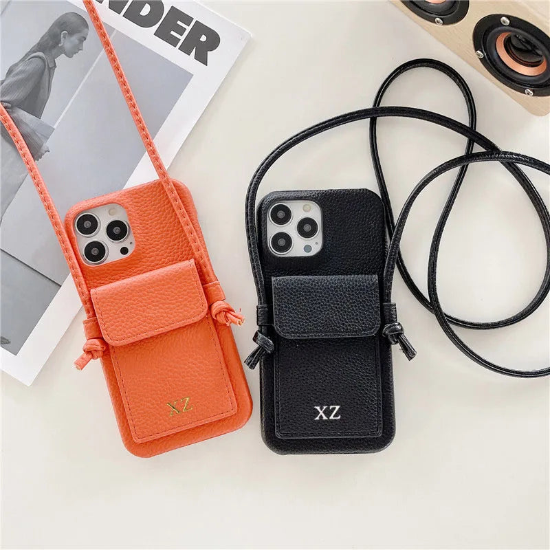Color: Beige, Material: Nylon - Personalized Gold Silver Letters Leather Pu Card Holder Lanyard Hard Case For Iphone 14 13 12 11 15 Pro Max Xs Xr 16 Plus Cover