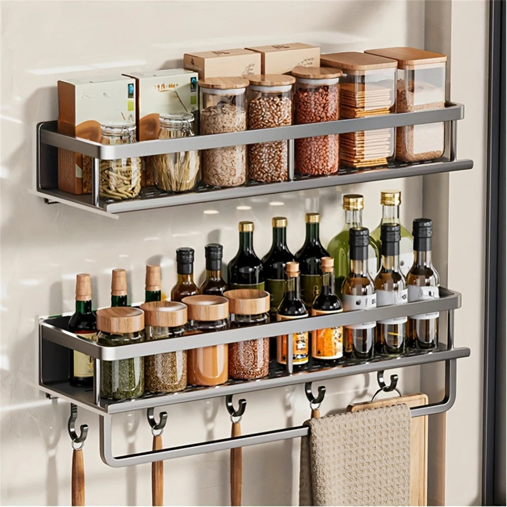 Color: Multi - Multifunctional Kitchen And Bath Tray Wall-mounted Aluminum Storage Rack Seasoning Bottle Storage Shelf Kitchen Storage Hooks