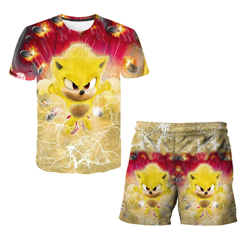Color: Pink, Size: M - New Japanese Cartoon Sonic T-shirt Children's Top T-shirt Shorts Two-piece Set Summer Boy Cartoon Cute T-shirt+beach Pants