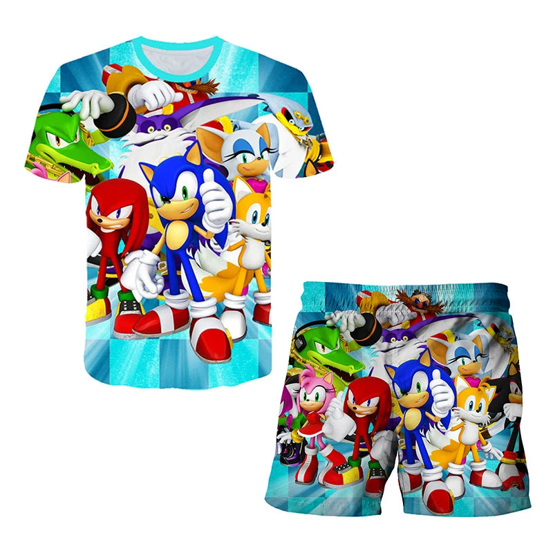 Color: Pink, Size: M - New Japanese Cartoon Sonic T-shirt Children's Top T-shirt Shorts Two-piece Set Summer Boy Cartoon Cute T-shirt+beach Pants