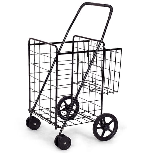 Folding Shopping Cart For Laundry With Swiveling Wheels And Dual Storage Baskets-black - Color: Black