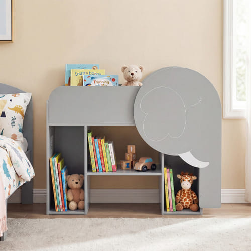 Montessori Bookshelf With Elephant Shape 3-tier Toddler Toy Storage Organizer-grey